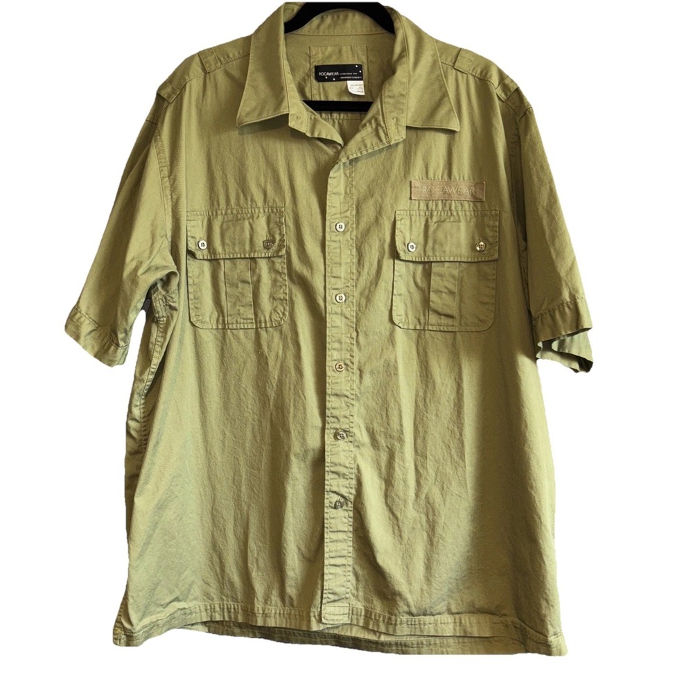 Rocawear Button Shirt Men Size 2XL Embroidery Green Army Classic Pocket